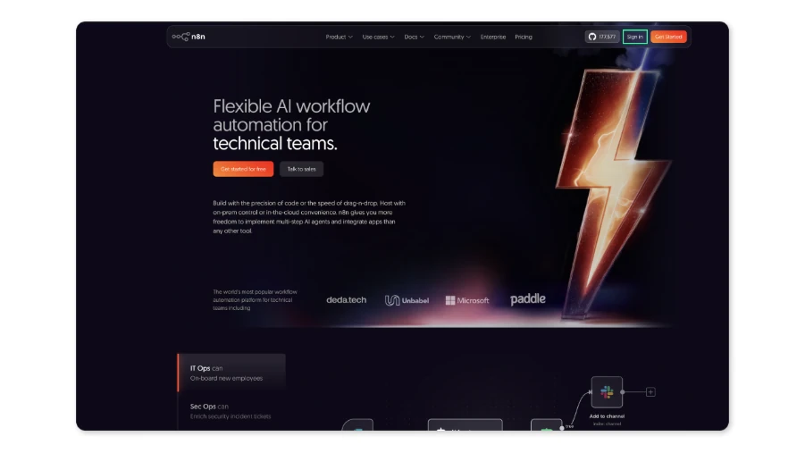 Главная страница n8n.io с кнопками Sign In и Get Started