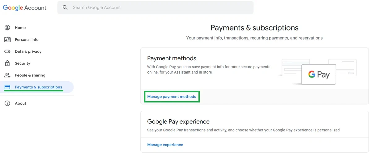Управление аккаунтом Google — раздел «Платежи и подписки»