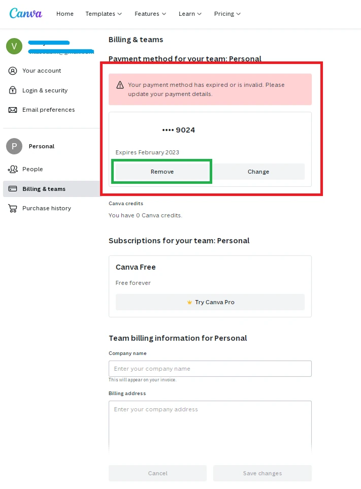 Настройки учётной записи Canva — переключение на английский язык