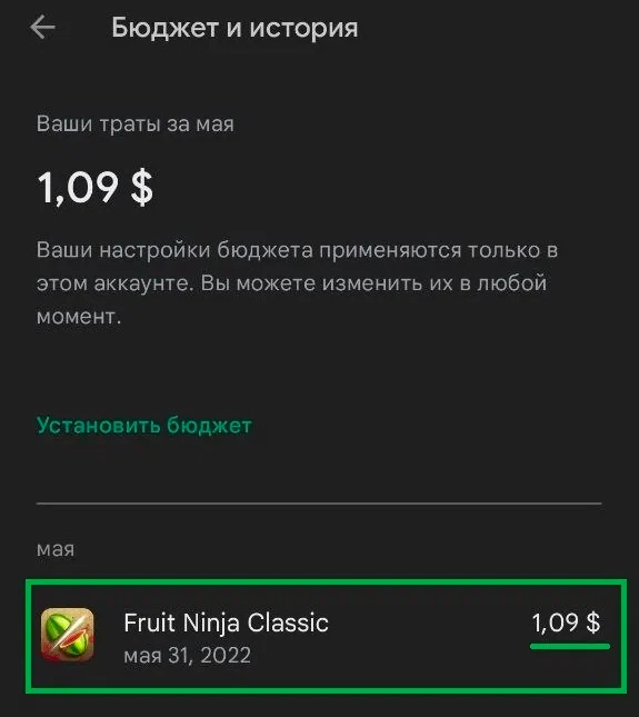 Раздел «Бюджет и история» в Google Play с историей покупок