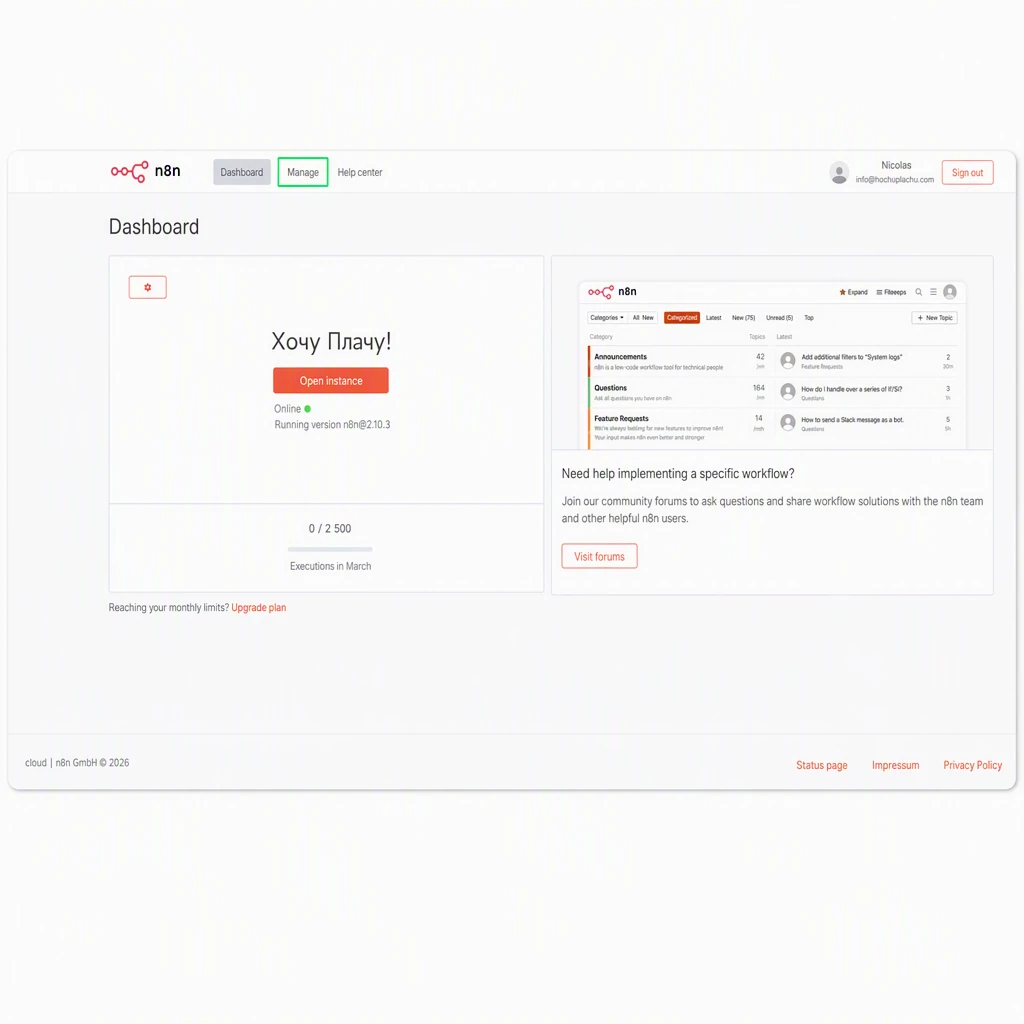 Экран Dashboard n8n после успешной оплаты подписки