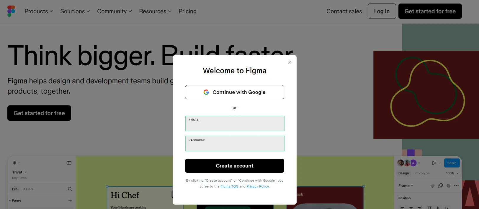 Главная страница Figma.com с модальным окном Welcome to Figma — форма регистрации