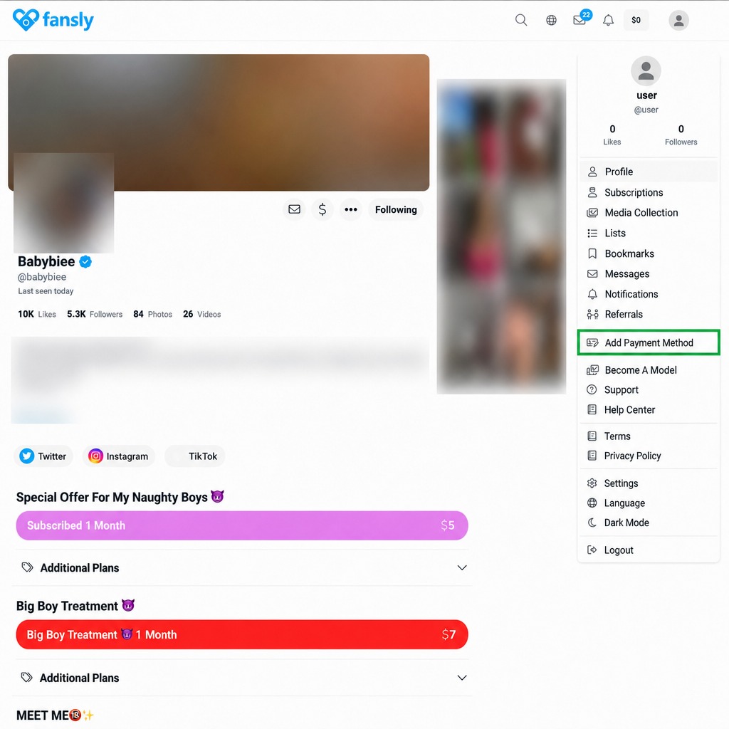 Страница автора на Fansly с открытым меню профиля и выделенным пунктом Add Payment Method
