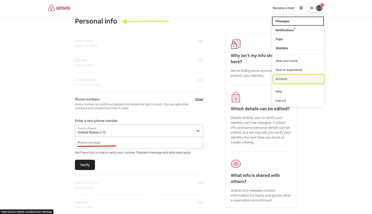 Раздел настроек аккаунта Airbnb — Personal info