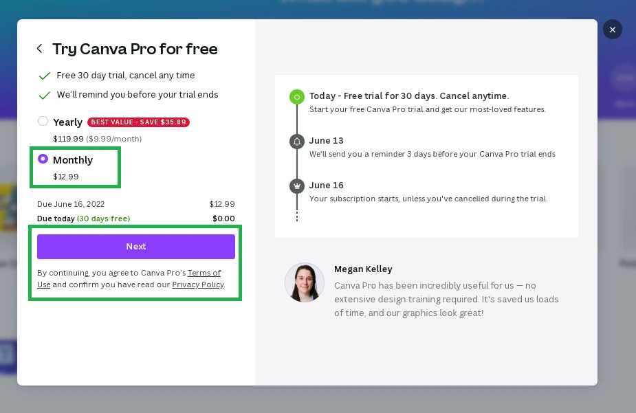 Окно выбора плана Canva Pro с оплатой в долларах США