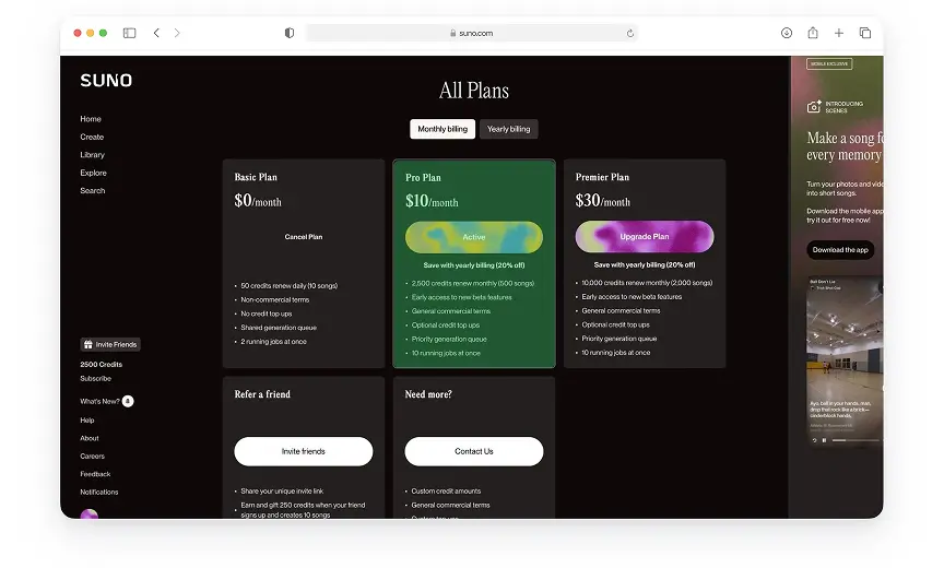Выбор тарифного плана в Suno AI