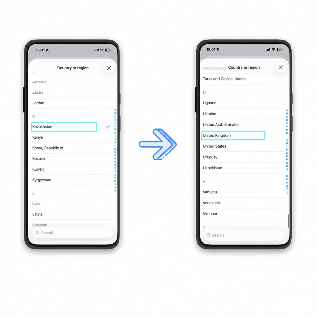 Выбор страны Великобритания в настройках App Store
