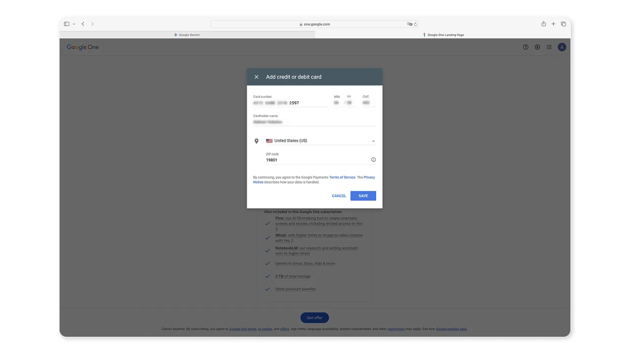 Форма оплаты подписки Google One с привязанной картой
