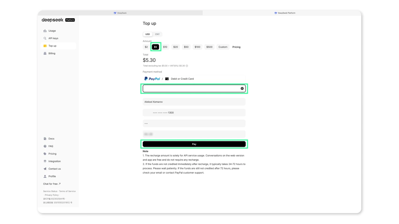 Форма выбора суммы и способа оплаты DeepSeek