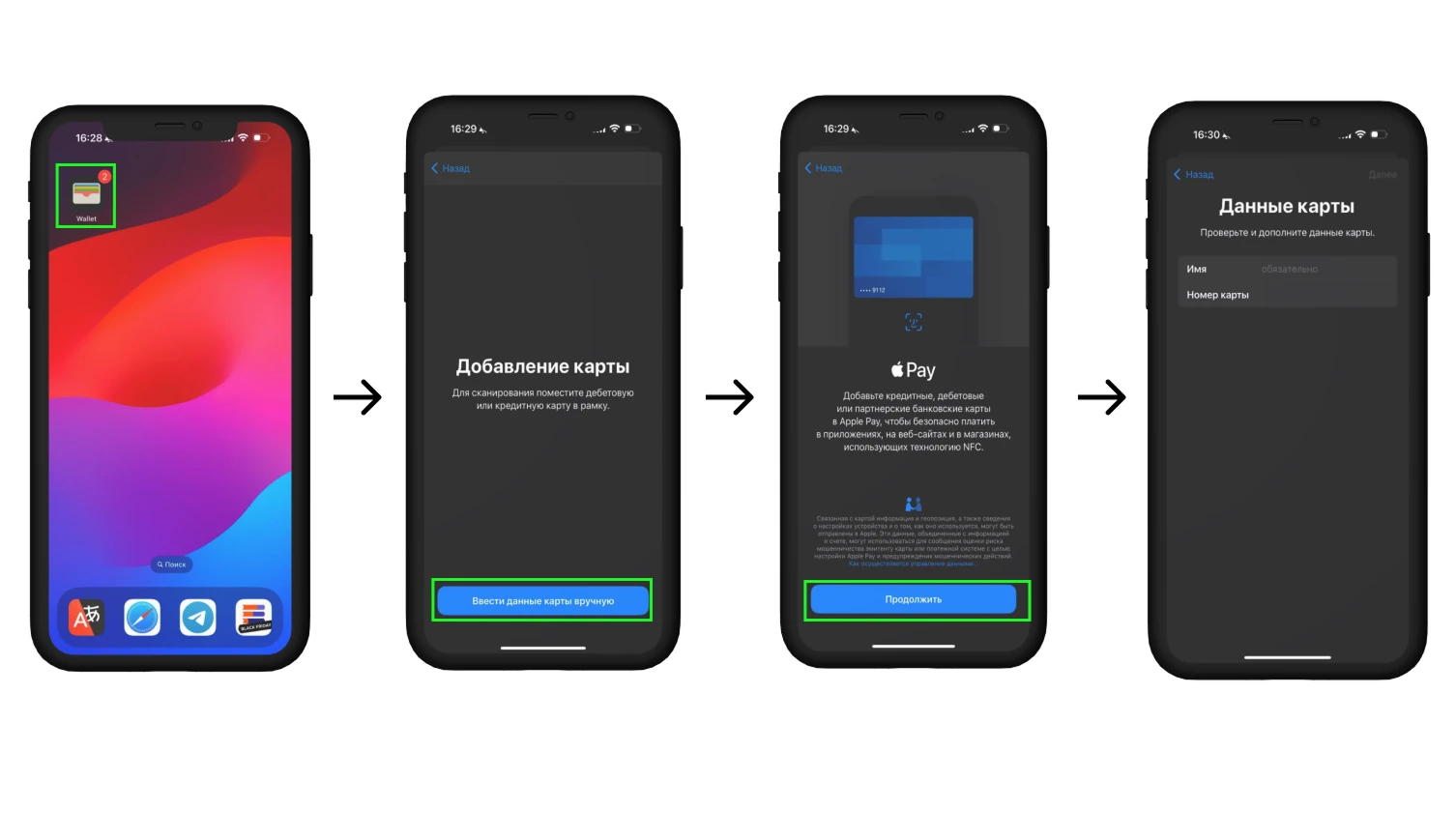 Четыре шага добавления карты в Apple Pay на iPhone: приложение Wallet, экран добавления карты, описание Apple Pay, форма ввода данных карты