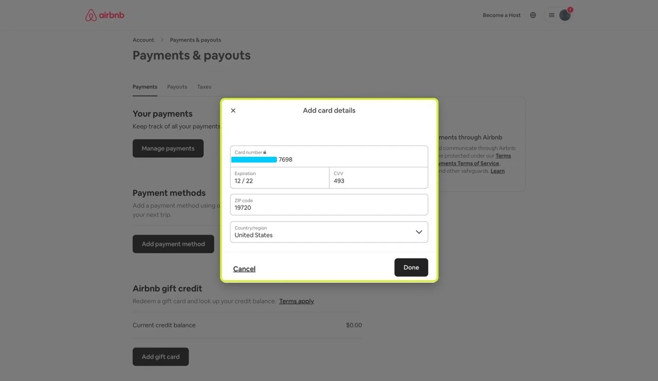 Раздел Billing and payment в настройках Airbnb