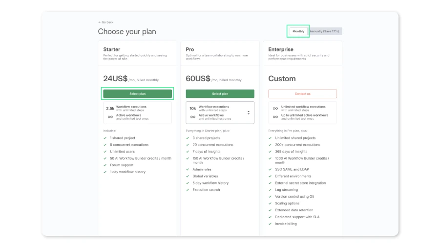 Экран выбора тарифного плана n8n с опциями Starter, Pro и Enterprise