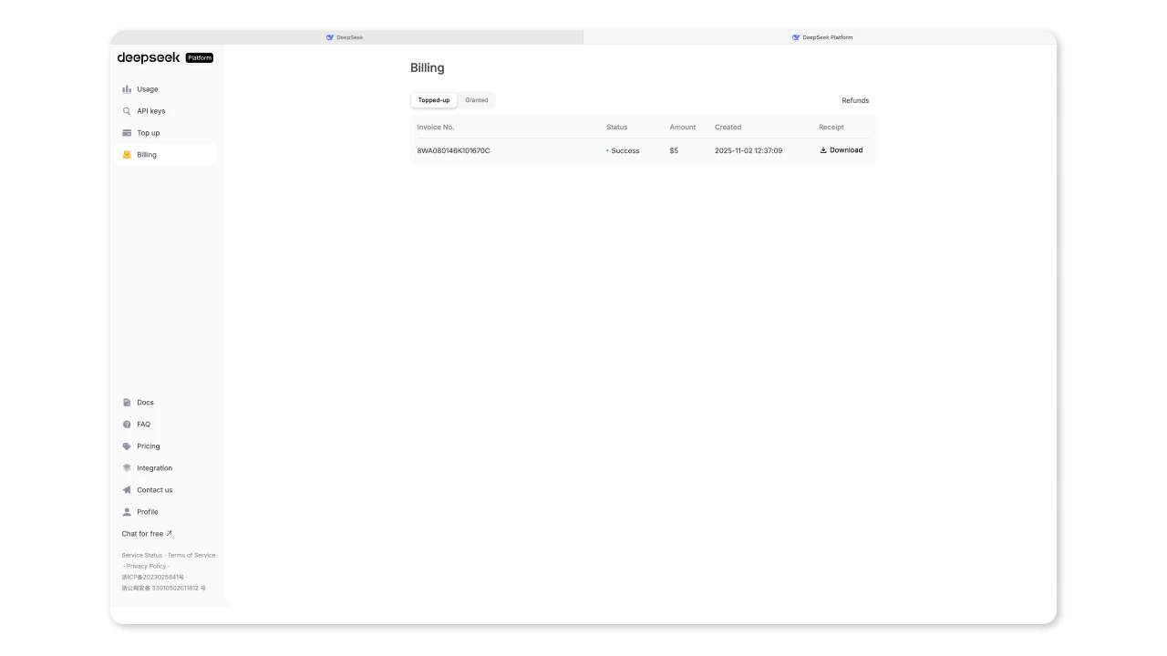 Статус успешной оплаты в разделе Billing DeepSeek