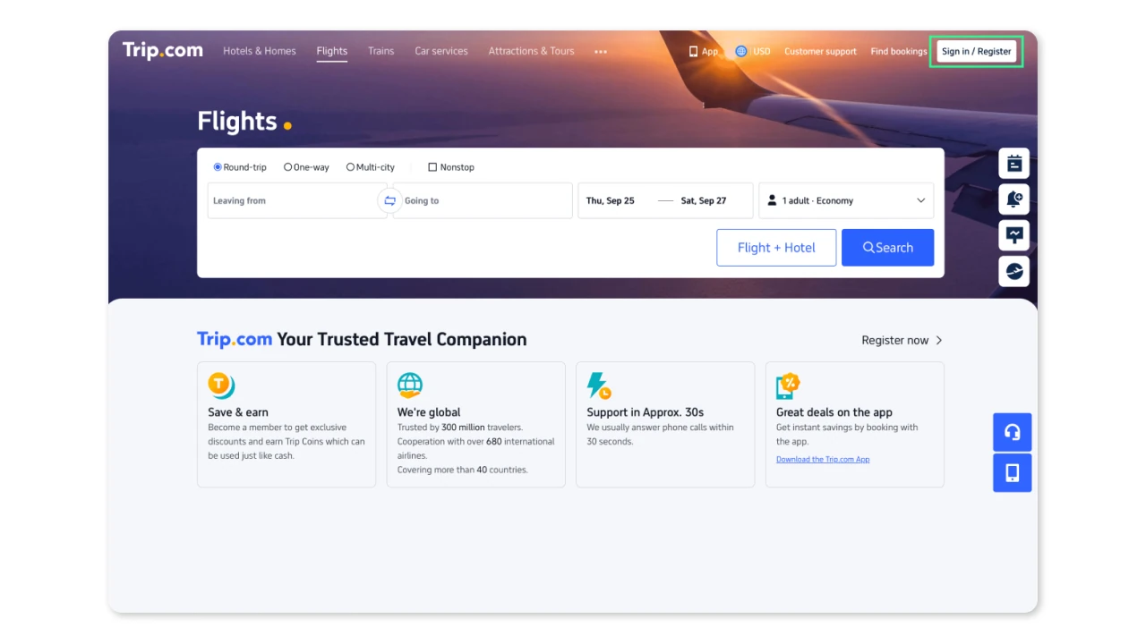 Страница входа Trip.com — форма авторизации через email или социальные сети