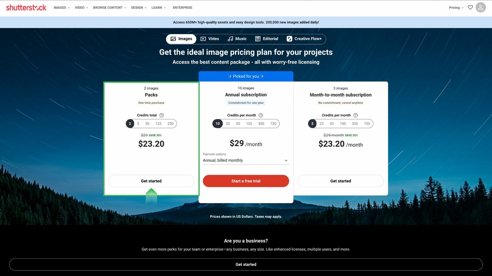 Выбор тарифного плана Shutterstock